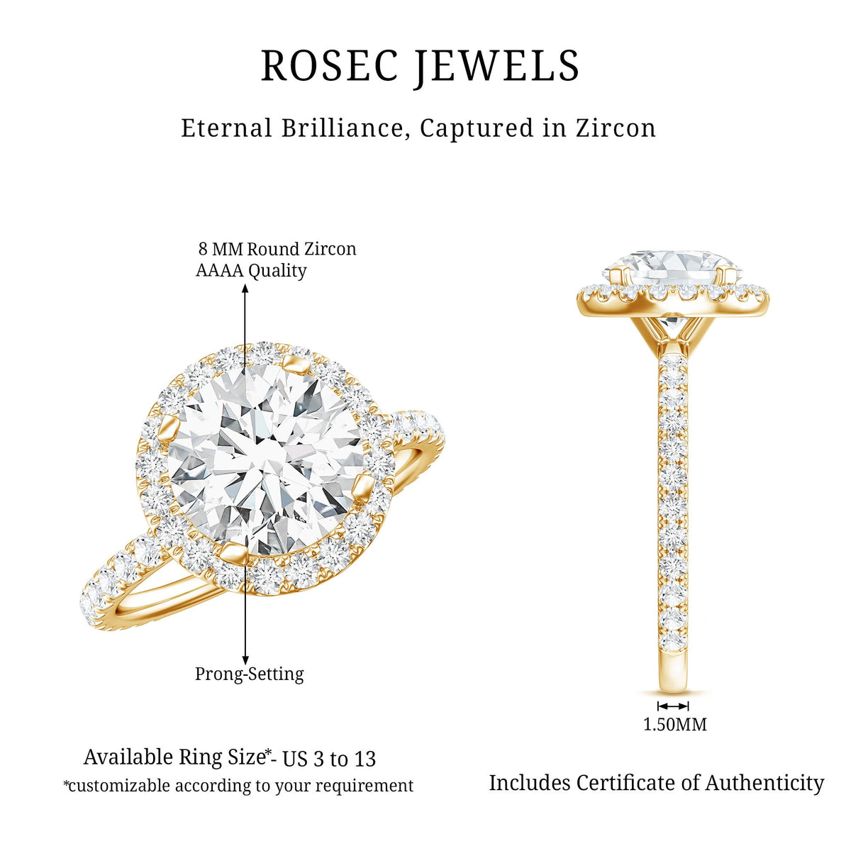 Certified cubic zirconia floating halo engagement ring by Rosec Jewels featuring a sparkling center stone and delicate band design