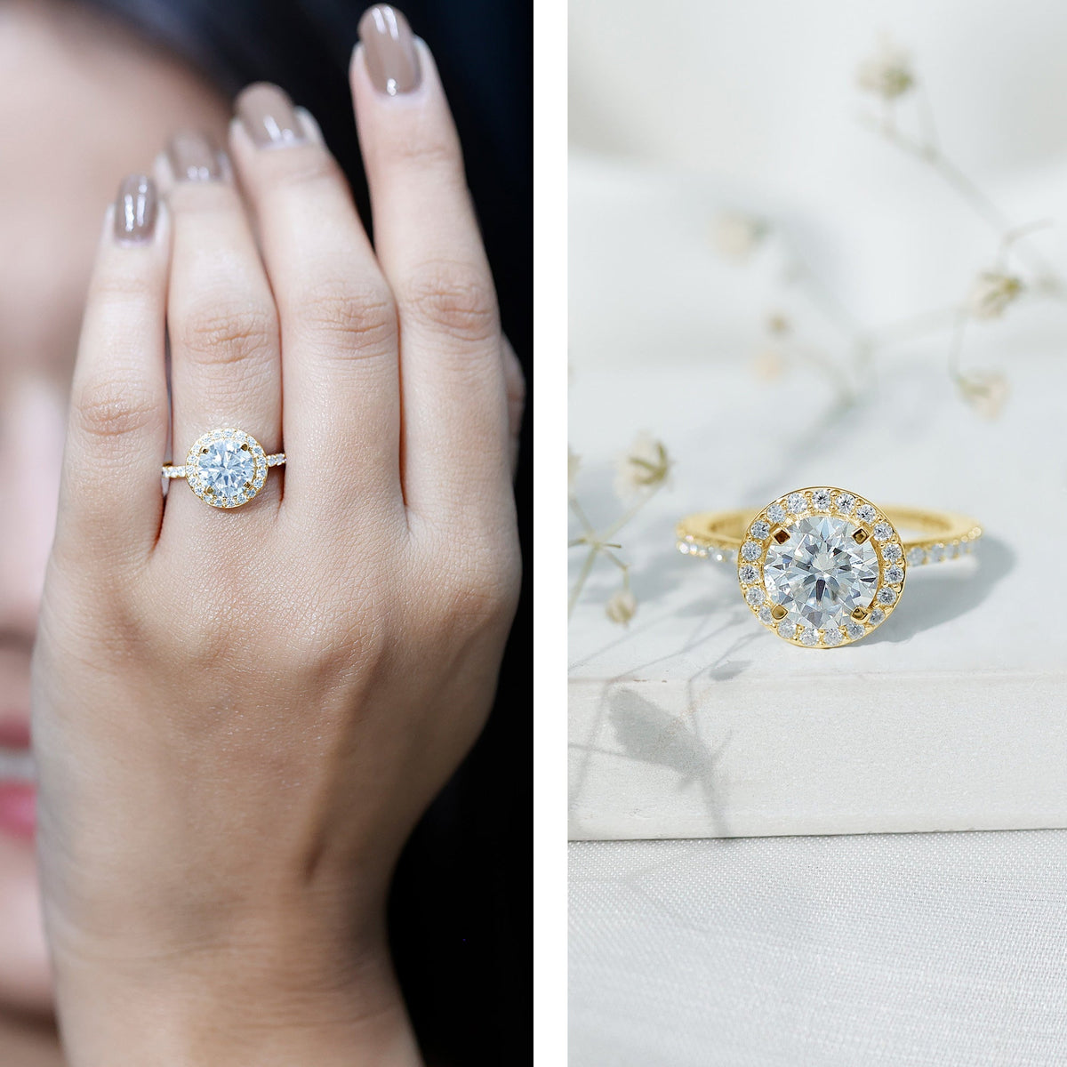 Rosec Jewels cubic zirconia floating halo engagement ring with a classic design and sparkling stones on a silver band.