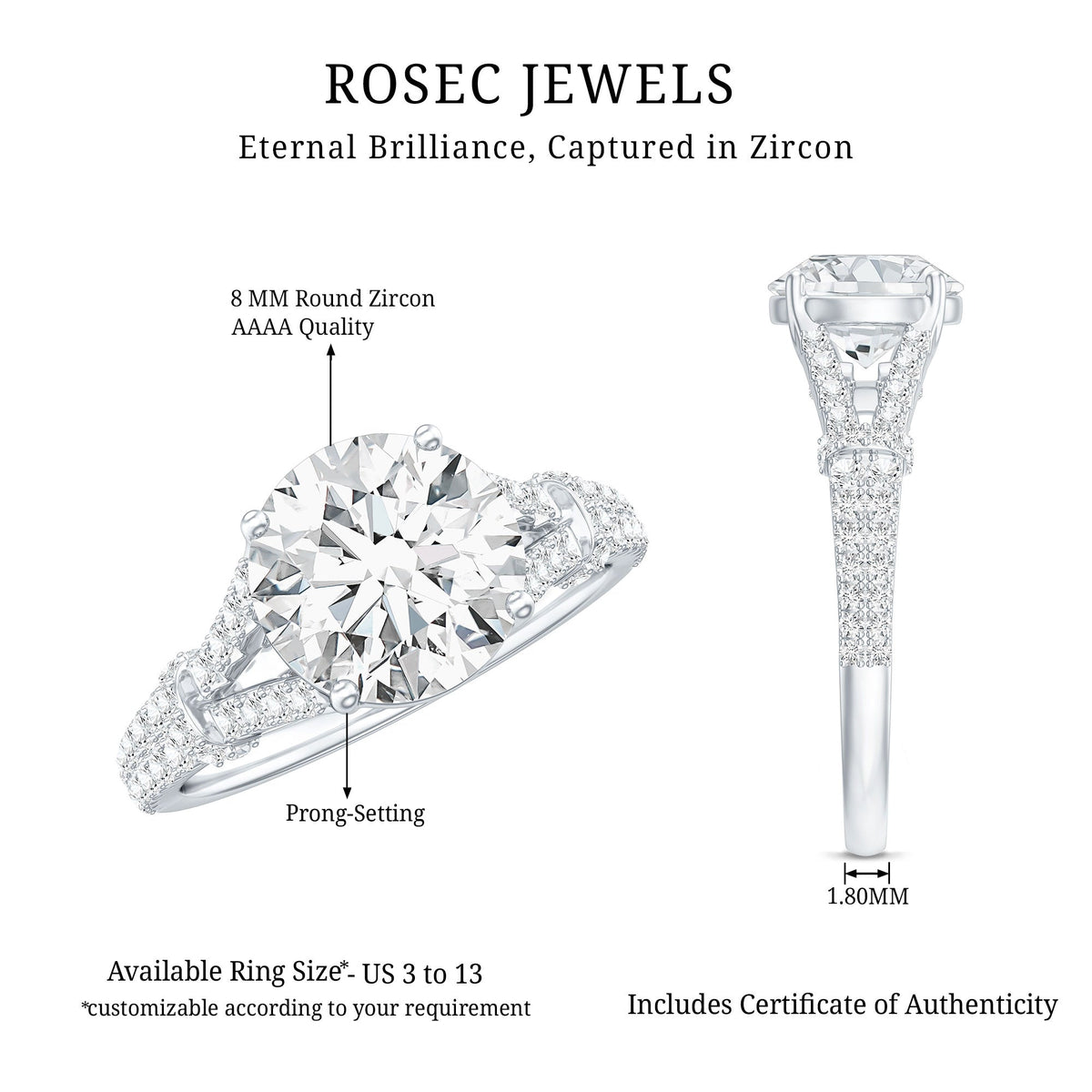 3 CT Simulated Diamond Solitaire Engagement Ring with Split Shank