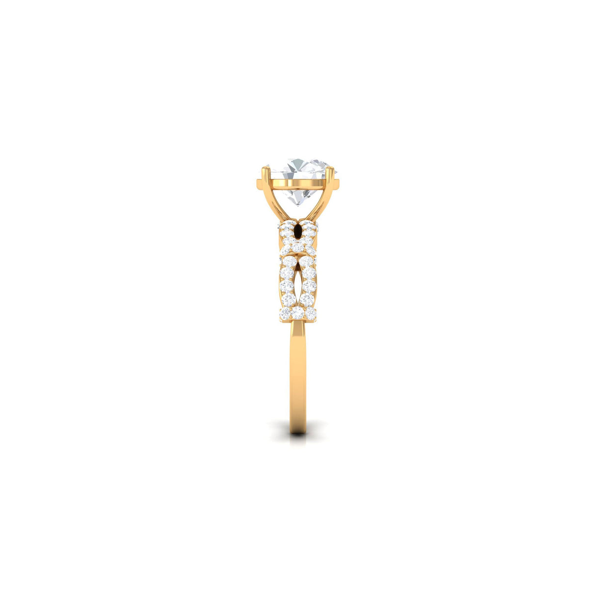 Solitaire cubic zirconia criss-cross engagement ring by Rosec Jewels featuring a 3-carat center stone and intricate band design.