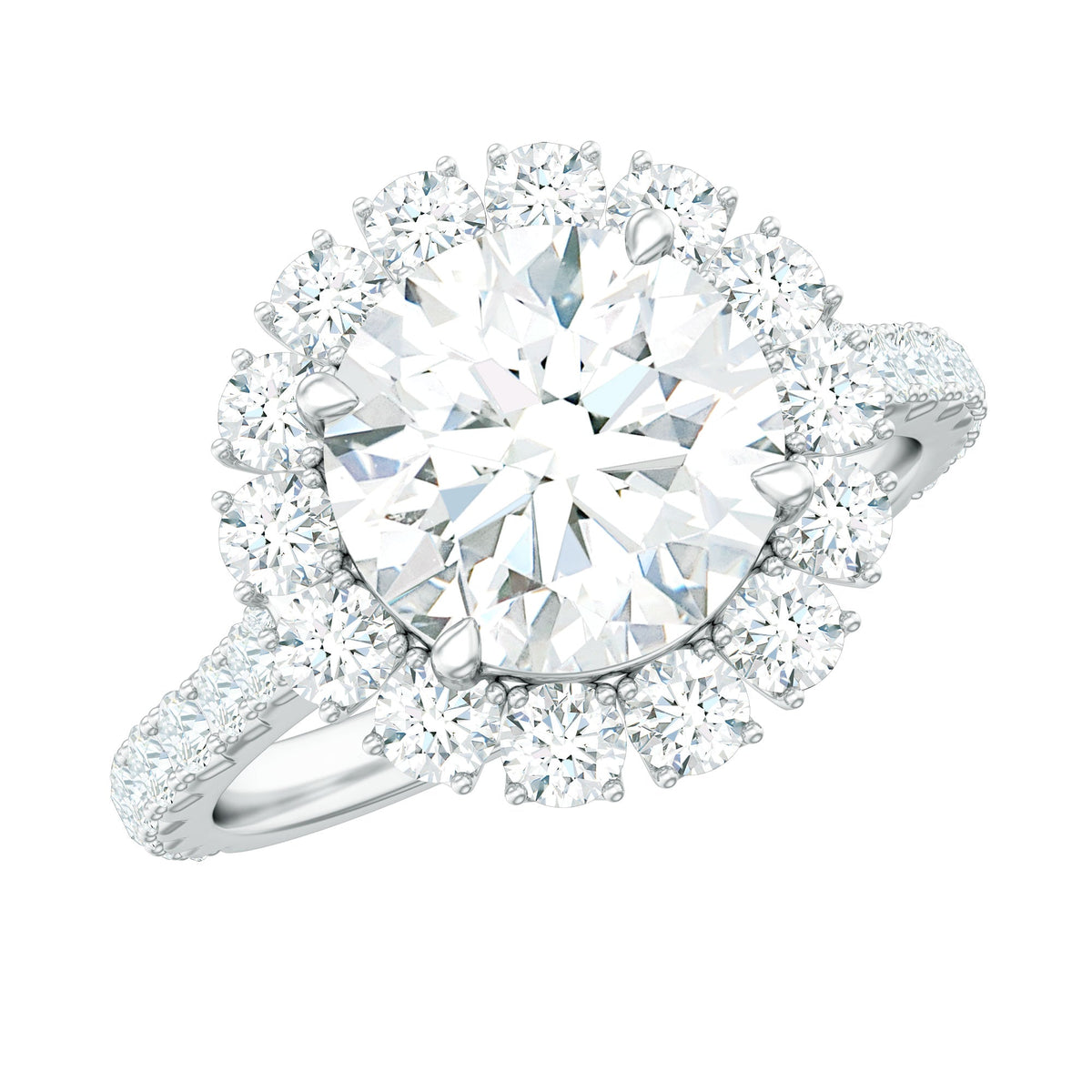 Rosec Jewels zircon round engagement ring with floating halo and side stones, showcasing intricate design and sparkling details.