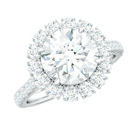 Rosec Jewels zircon round engagement ring with floating halo and side stones, showcasing intricate design and sparkling details.