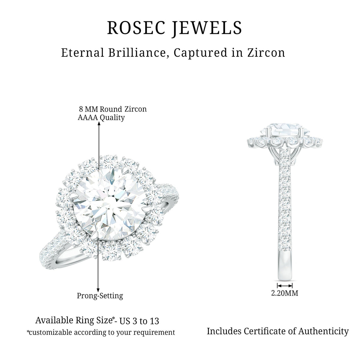 Rosec Jewels zircon round engagement ring with floating halo and side stones, showcasing intricate design and sparkling details.