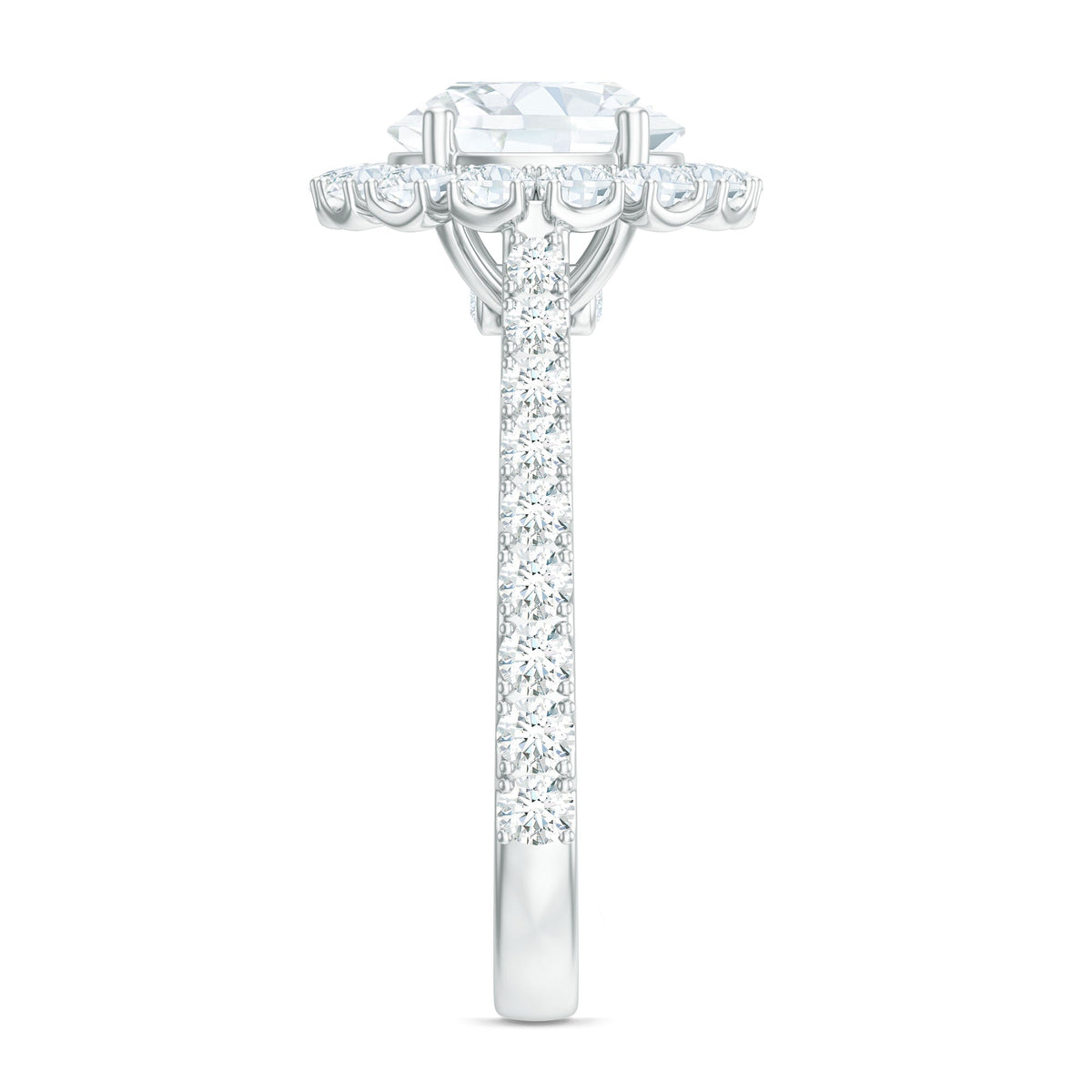 Rosec Jewels zircon round engagement ring with floating halo and side stones, showcasing intricate design and sparkling accents.