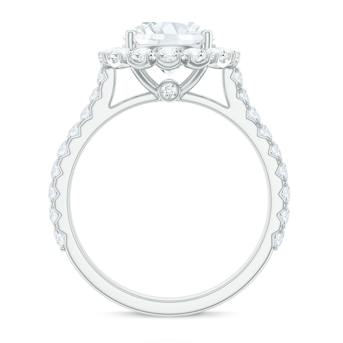 Rosec Jewels zircon round engagement ring with floating halo and side stones, showcasing sparkling details and elegant design.