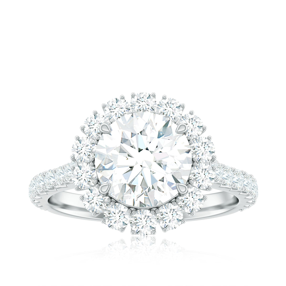 Rosec Jewels zircon round engagement ring with floating halo and side stones, showcasing intricate design and sparkling details.