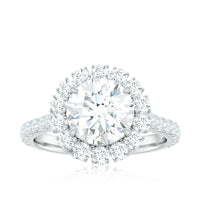 Rosec Jewels zircon round engagement ring with floating halo and side stones, showcasing intricate design and sparkling details.
