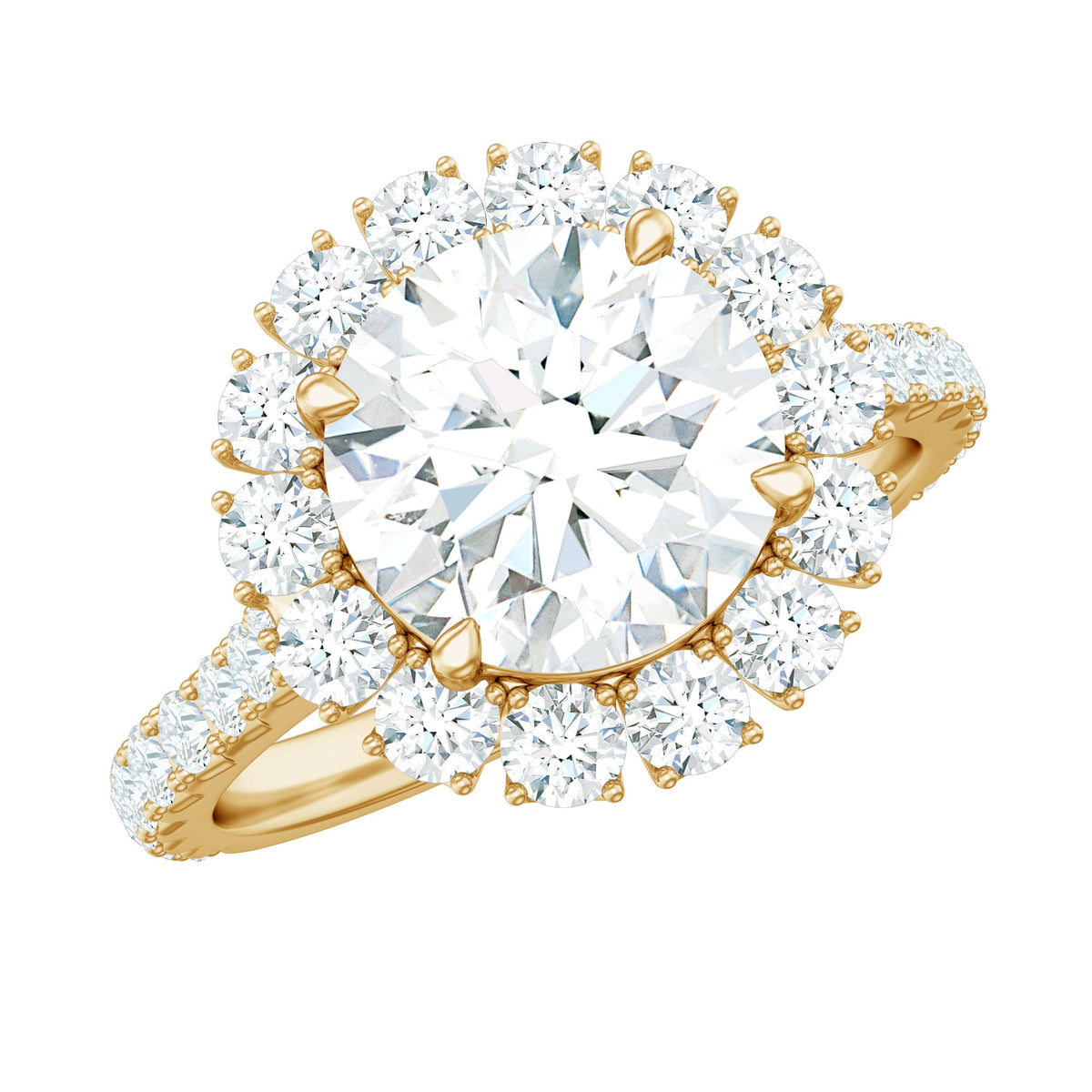 Rosec Jewels zircon round engagement ring with floating halo and side stones, showcasing intricate design and sparkling gemstones.