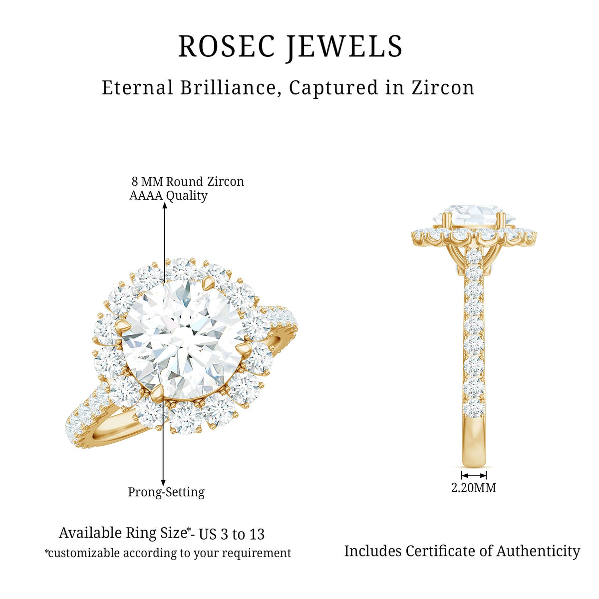 Rosec Jewels zircon round engagement ring with floating halo and side stones, showcasing intricate design and sparkling details.
