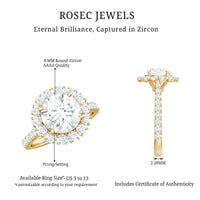 Rosec Jewels zircon round engagement ring with floating halo and side stones, showcasing intricate design and sparkling details.