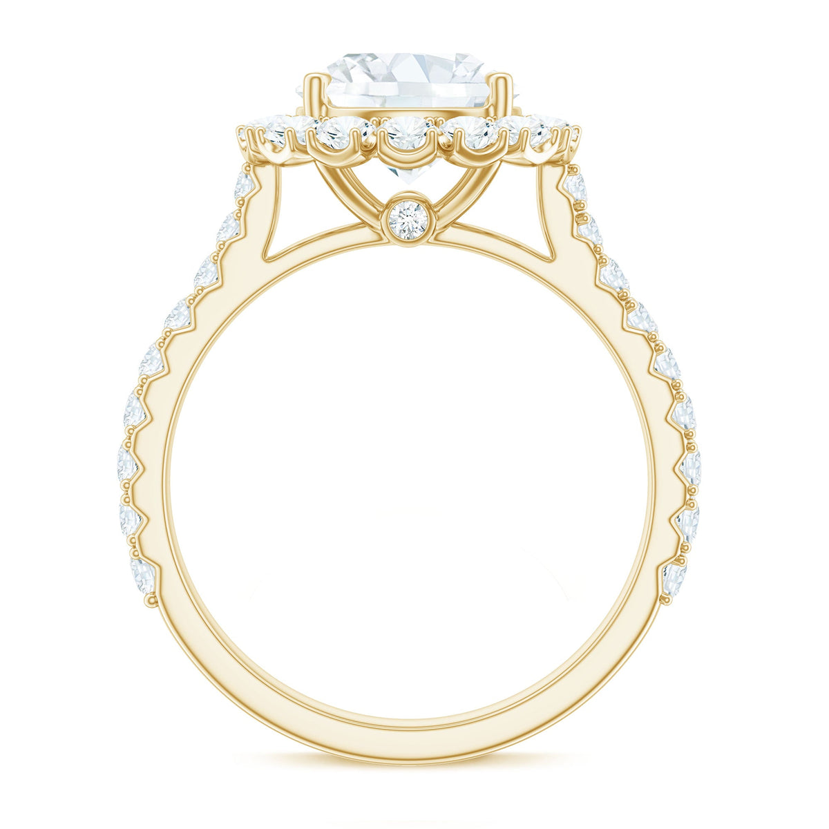 Rosec Jewels zircon round engagement ring with floating halo and side stones, showcasing intricate design and sparkling details.