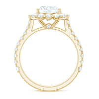 Rosec Jewels zircon round engagement ring with floating halo and side stones, showcasing intricate design and sparkling details.