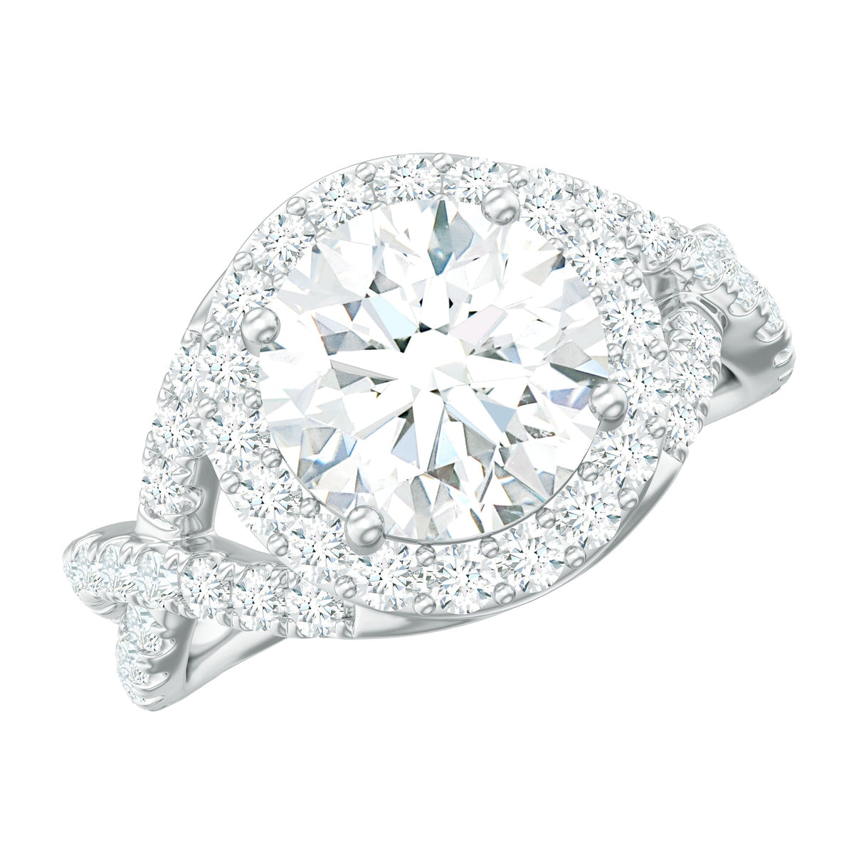 Two-carat round shape zircon crossover engagement ring by Rosec Jewels, featuring a sparkling design with intricate band details.