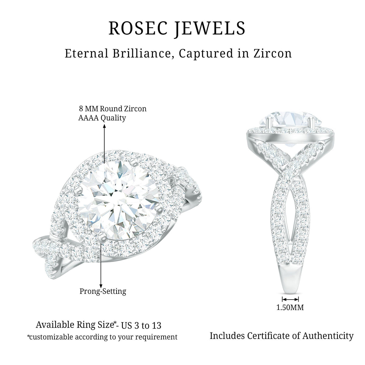 Two-carat round-shaped zircon crossover engagement ring featuring intricate band design from Rosec Jewels.
