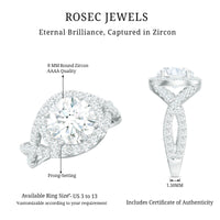 Two-carat round-shaped zircon crossover engagement ring featuring intricate band design from Rosec Jewels.