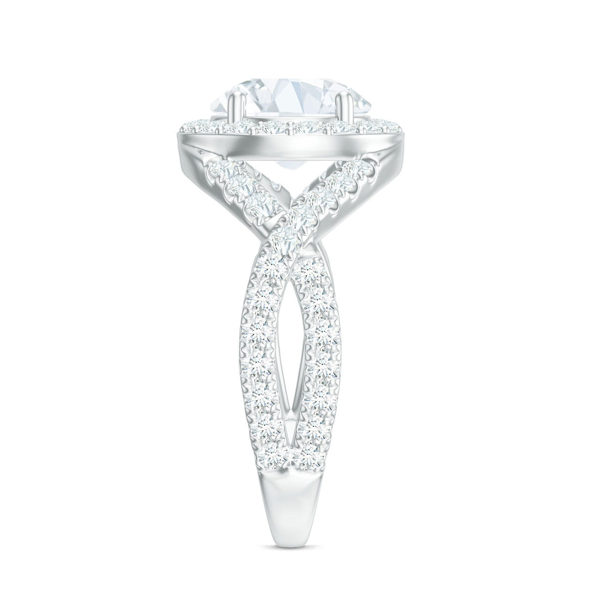 Round 2-carat zircon crossover engagement ring by Rosec Jewels, showcasing a sparkling round zircon gemstone and intricate band design.