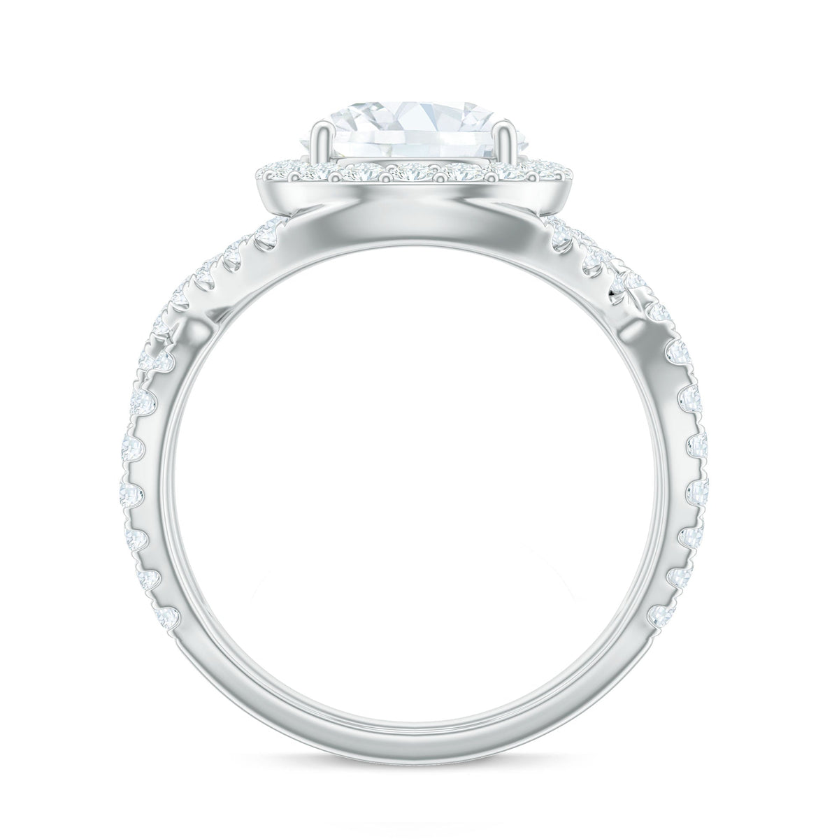 Round 2-carat zircon crossover engagement ring by Rosec Jewels with intricate band design and sparkling center stone.