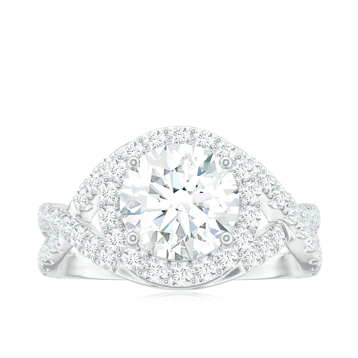 Two-carat round-shaped zircon crossover engagement ring from Rosec Jewels, featuring sparkling stones and a modern design.