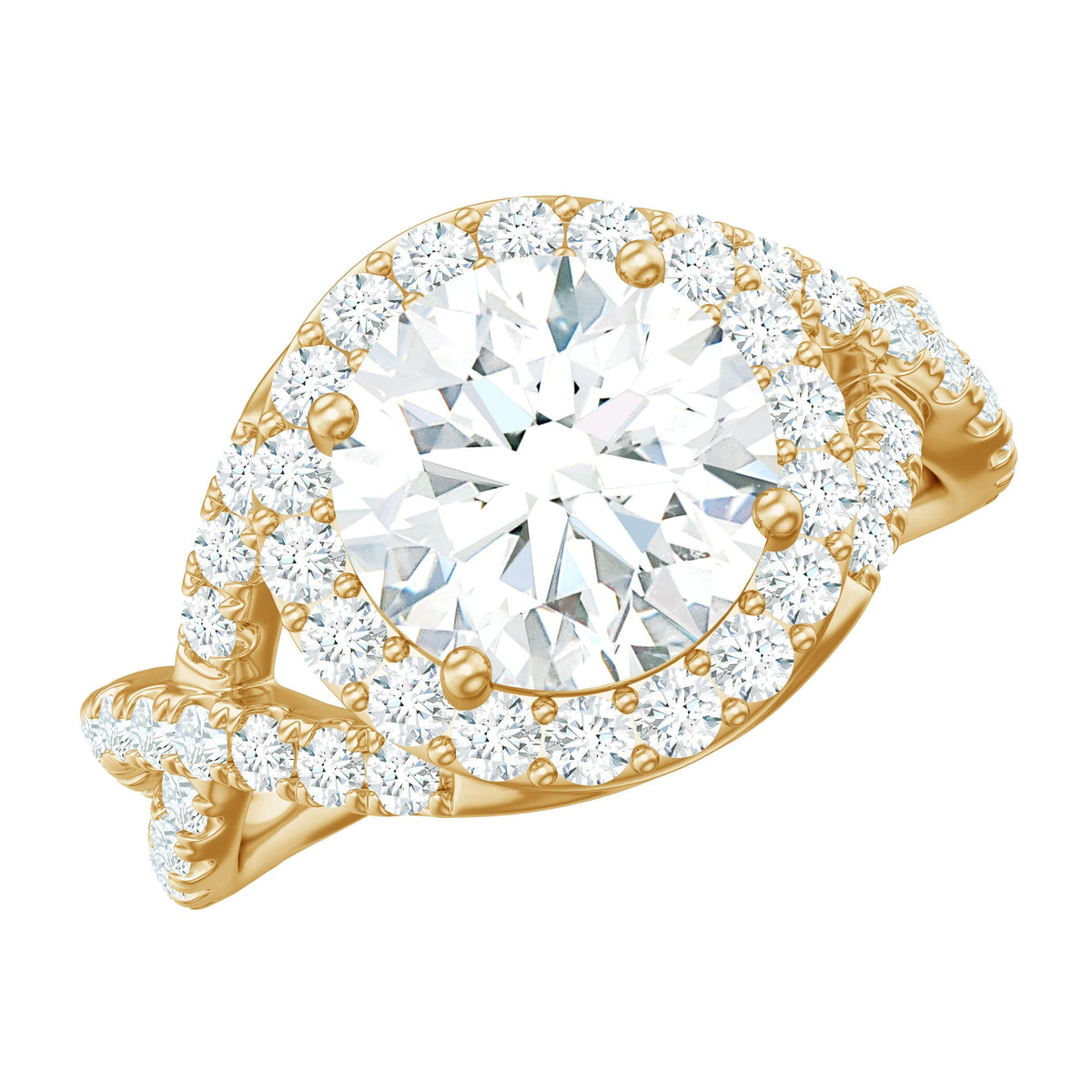 Two-carat round shape zircon crossover engagement ring with intricate band details, crafted by Rosec Jewels.