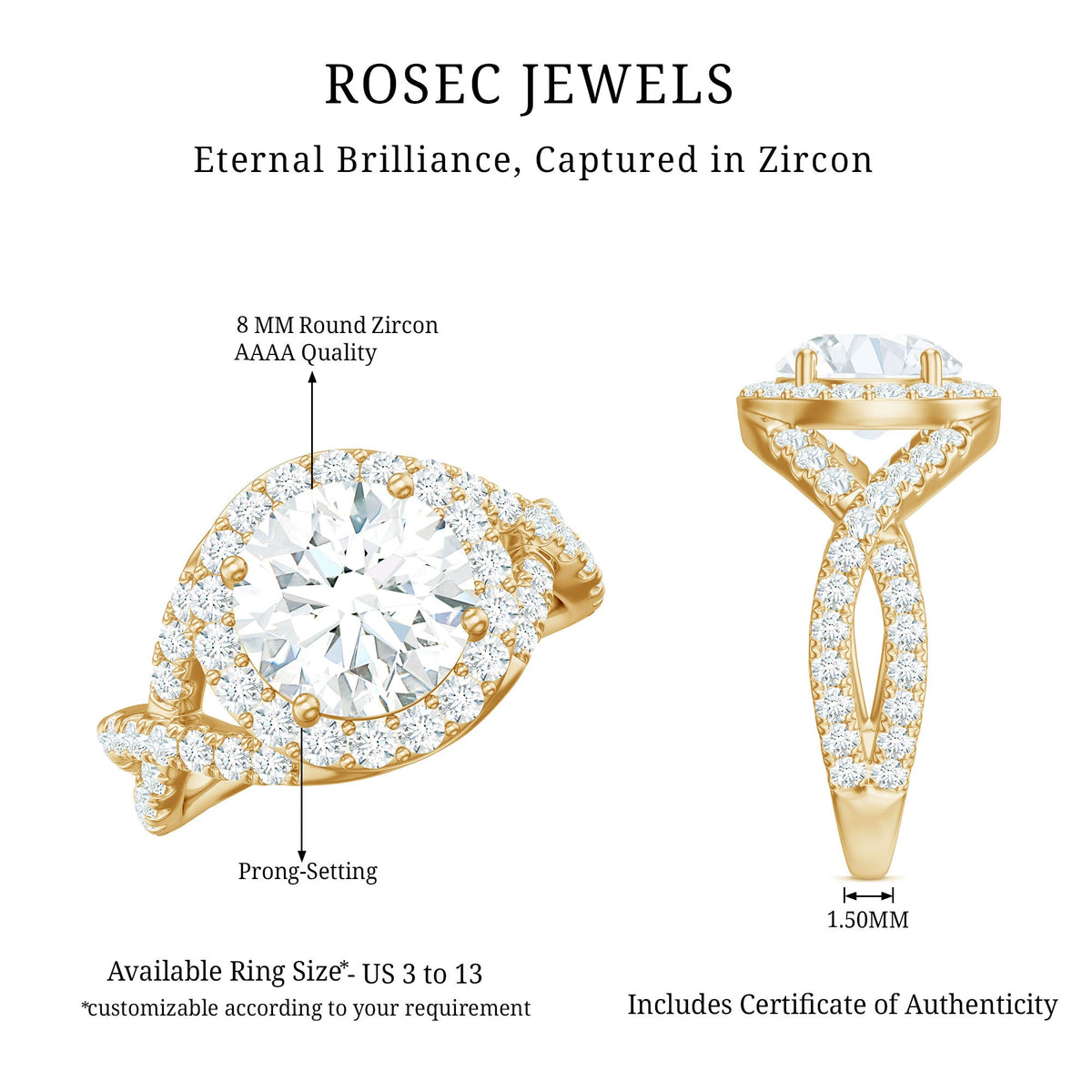 Round 2-carat zircon crossover engagement ring by Rosec Jewels featuring a sparkling round shape stone and intricate band design.