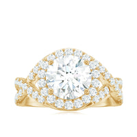 Round 2-carat zircon crossover engagement ring with a polished band, featuring sparkling stones and intricate design from Rosec Jewels.