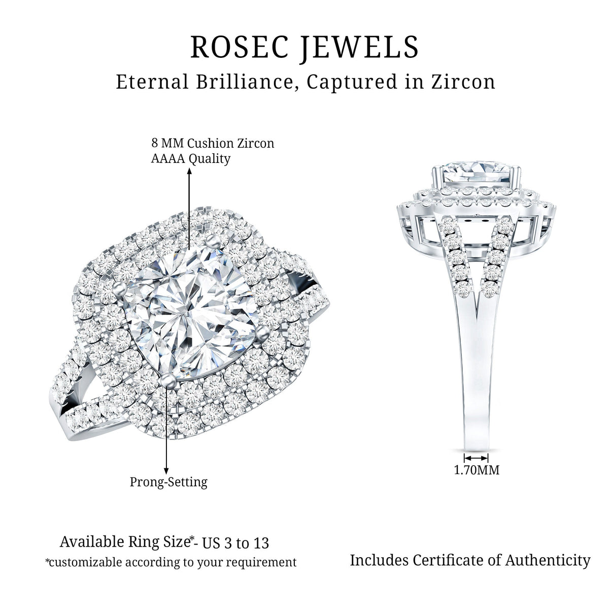 Vintage-inspired Rosec Jewels 3 Carat cubic zirconia double engagement ring with intricate detailing and sparkling stones.