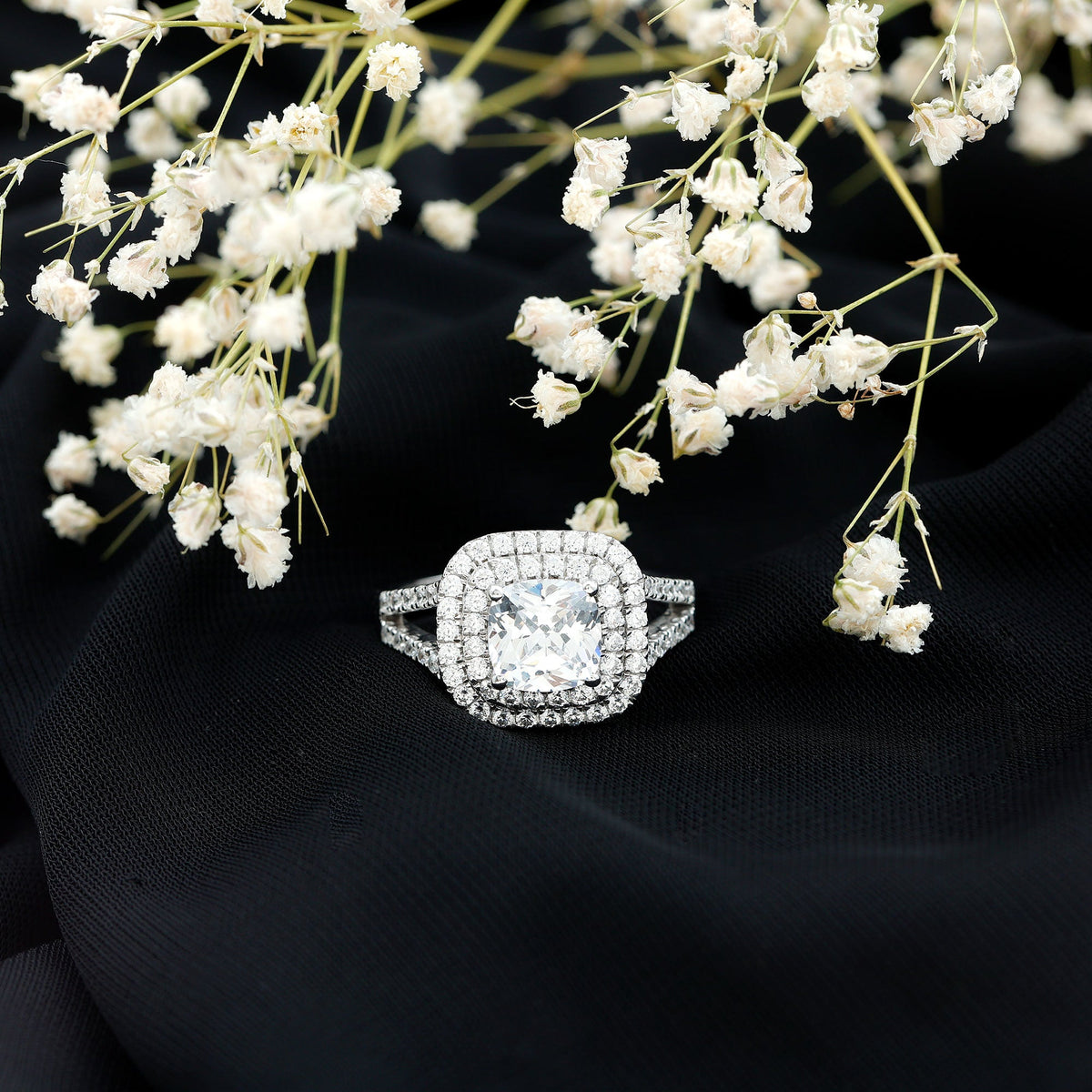 Vintage Style Cubic Zirconia Double Halo Engagement Ring with Split Shank
