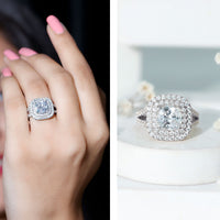 Vintage-inspired double cubic zirconia engagement ring with three carats, featuring intricate detailing and rose gold finish.