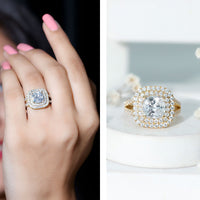 Vintage Style Cubic Zirconia Double Halo Engagement Ring with Split Shank