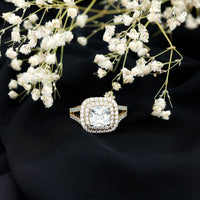 Vintage Style Cubic Zirconia Double Halo Engagement Ring with Split Shank