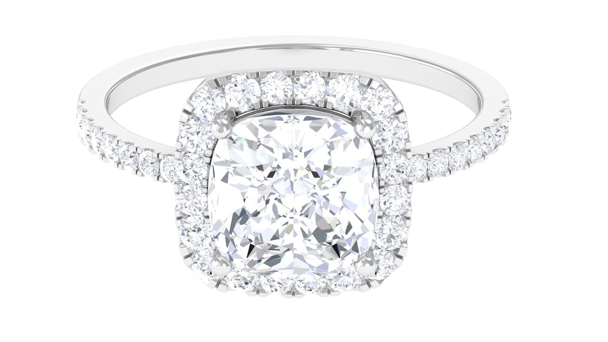 Rosec Jewels 4.25 CT cushion cut zircon engagement ring with halo, featuring a sparkling center stone and intricate band details.