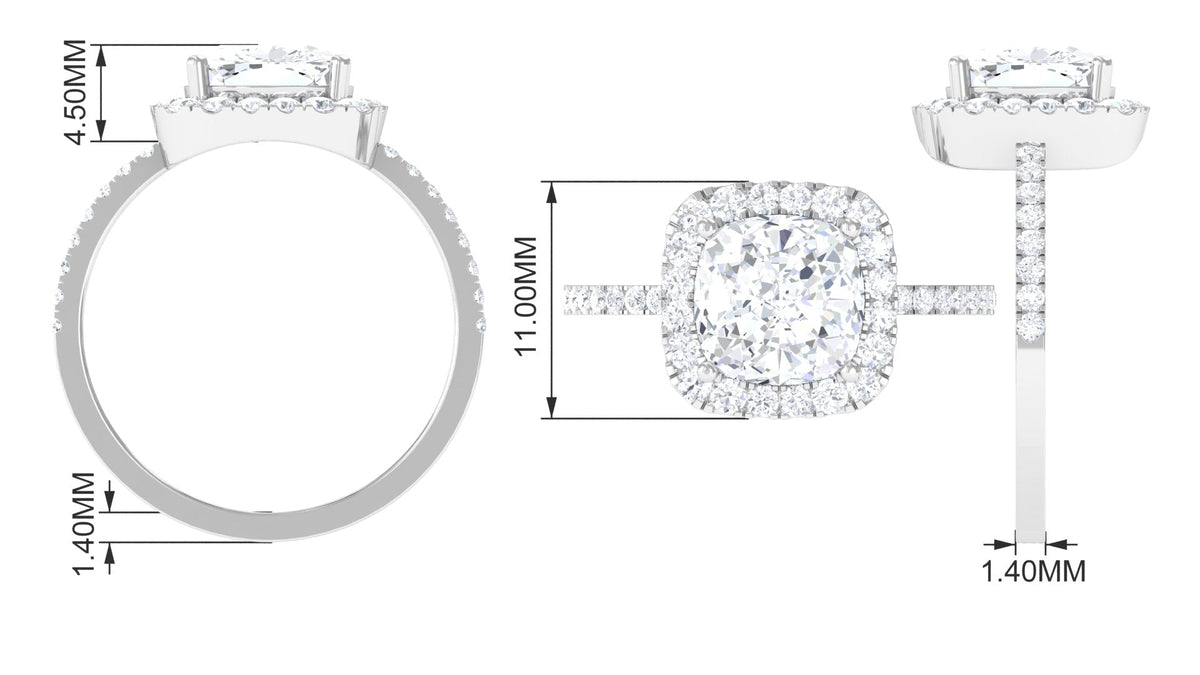 Cushion cut 4.25 CT zircon engagement ring with halo setting by Rosec Jewels, featuring a sparkling central stone and intricate band.