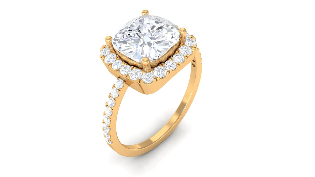 Rosec Jewels 4.25 CT cushion cut zircon engagement ring with halo, showcasing sparkling center stone and intricate band details.