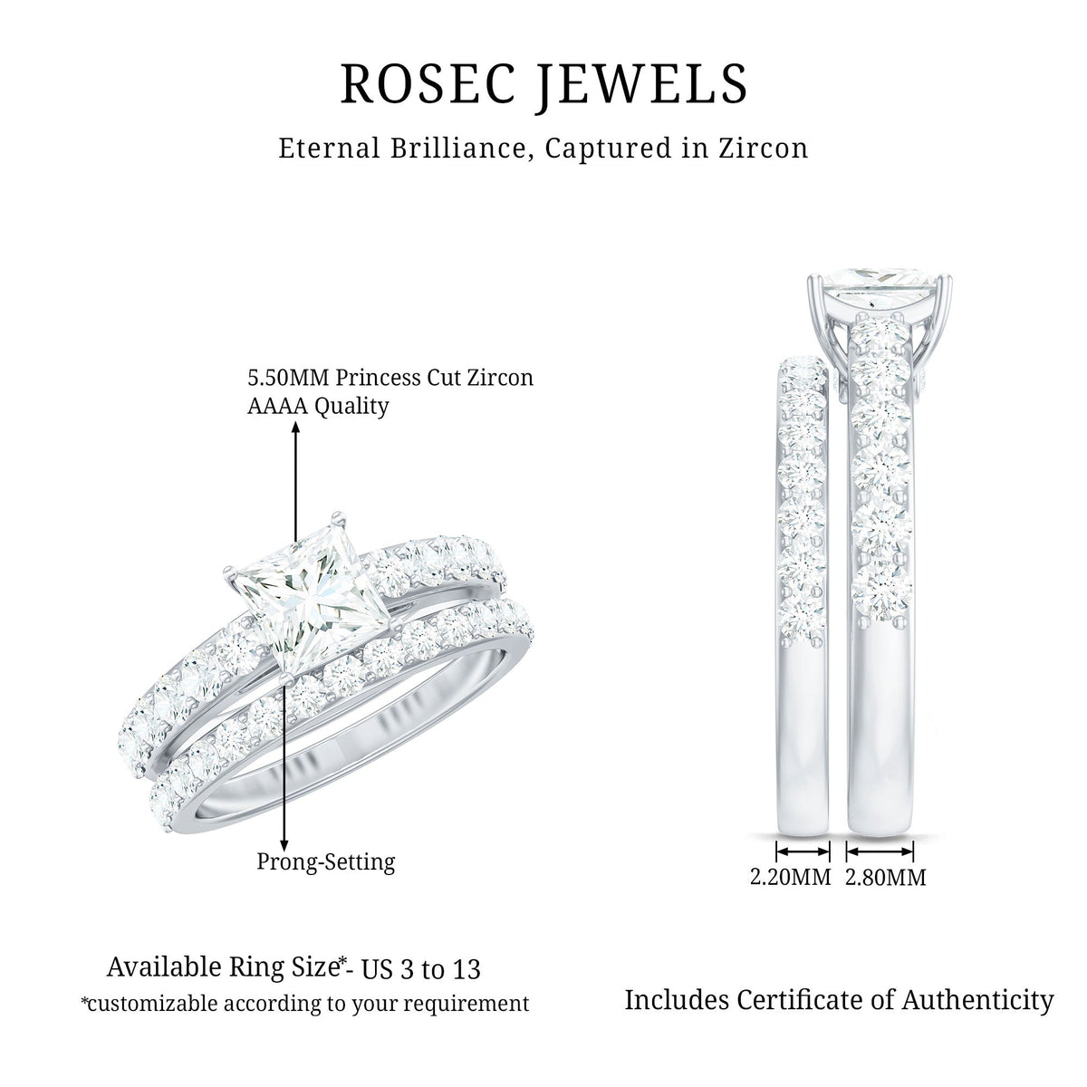 1 Carat Princess Cut Cubic Zirconia Wedding Ring Set for Women