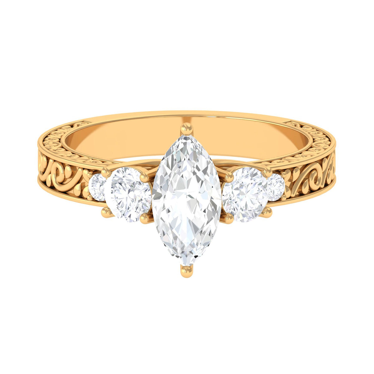 Certified Zircon Three Stone Engraved Band Ring