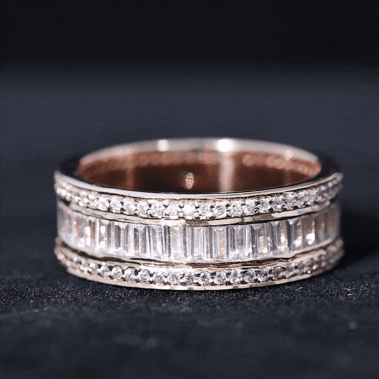 Yellow gold baguette cut cubic zirconia wide wedding band ring by Rosec Jewels featuring sparkling rectangular stones and a sleek design.