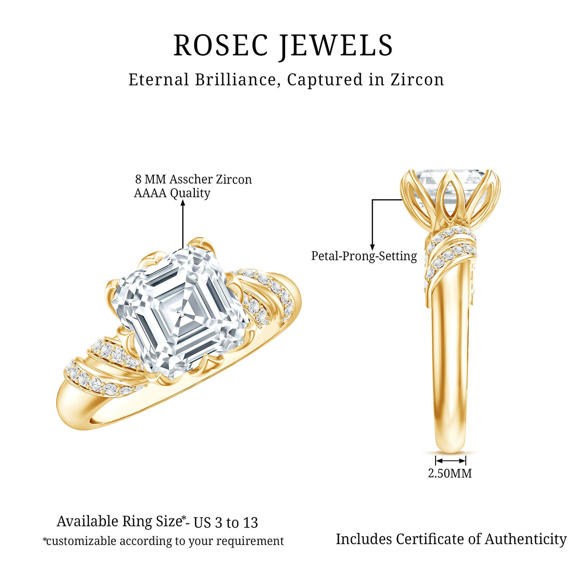 3.5 CT Asscher Zircon Designer Solitaire Engagement Ring in Petal Prong Setting