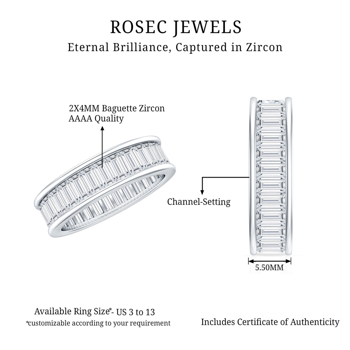 Channel Set Cubic Zirconia Baguette Wedding Band with Certificate