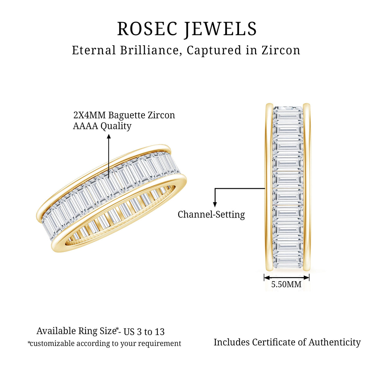Channel Set Cubic Zirconia Baguette Wedding Band with Certificate