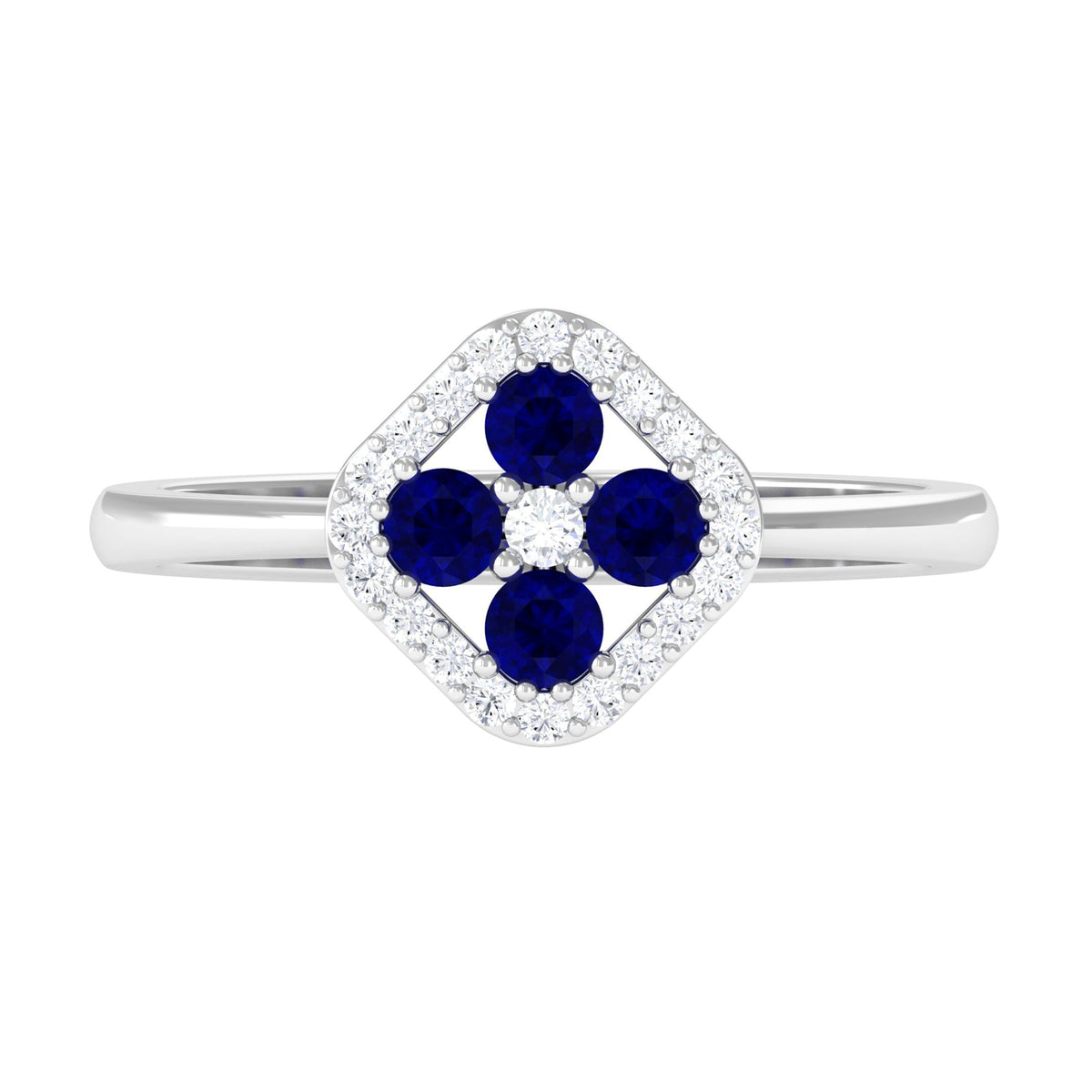 Blue sapphire cluster ring with diamond accents, featuring a 1/2 carat sapphire and sparkling diamonds in a Rosec Jewels ring.