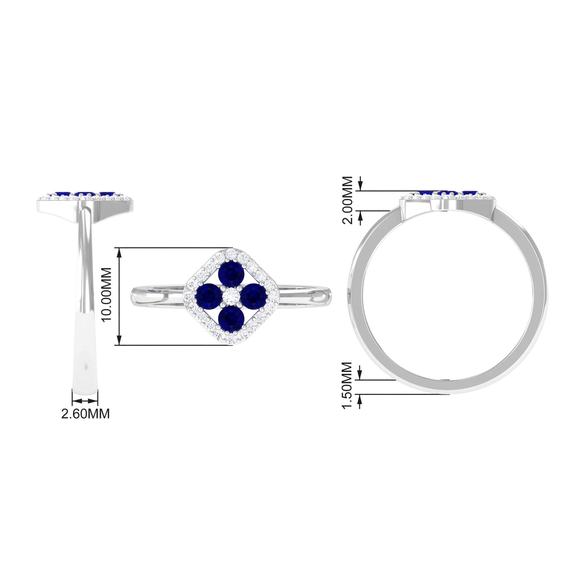 Blue sapphire cluster ring with diamond accents, featuring a 1/2 carat blue sapphire centerpiece and elegant silver band.