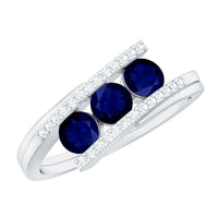 Real Blue Sapphire 3 Stone Promise Ring with Diamond Bypass Shank