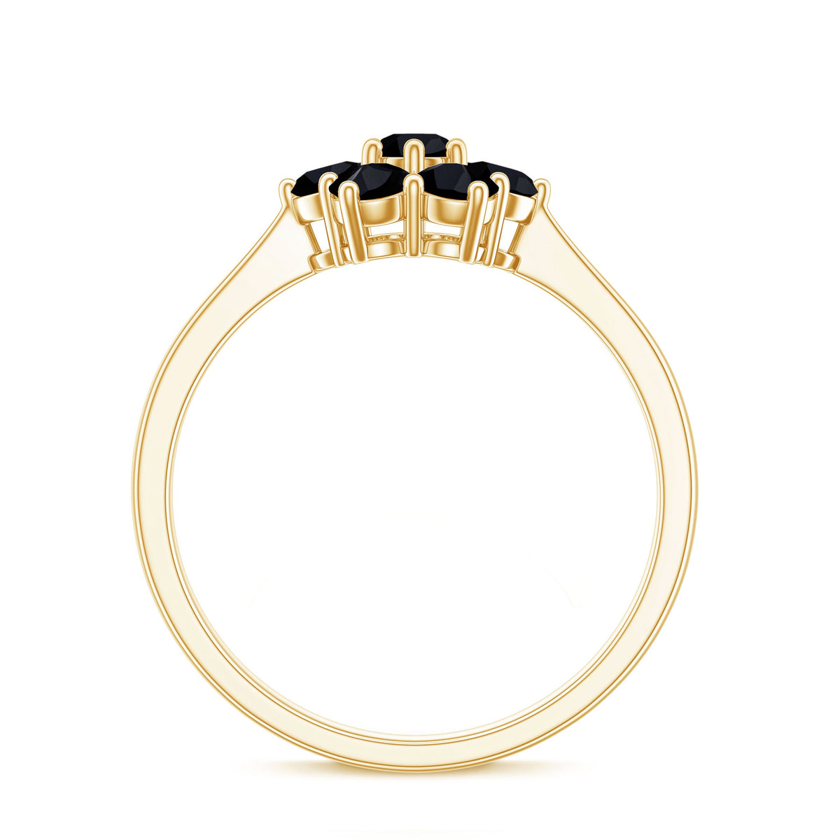 Genuine black onyx flower engagement ring by Rosec Jewels, detailed close-up showing intricate flower design and polished band.