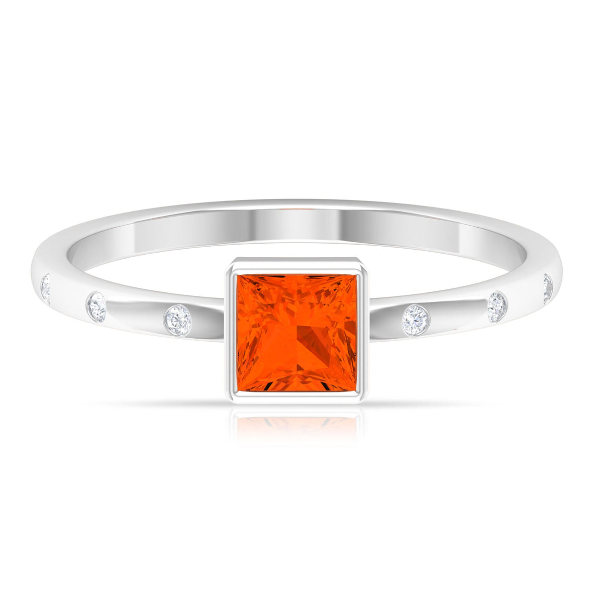 Princess cut fire opal solitaire promise ring with small diamond accents in Rosec Jewels ring showcasing the gemstone and elegant band.