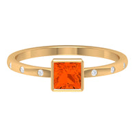 Princess cut fire opal solitaire promise ring with diamonds by Rosec Jewels, featuring a vibrant fire opal centerpiece and sparkling accents.