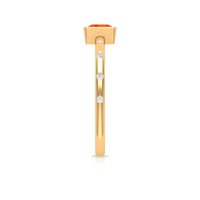 Princess cut fire opal solitaire promise ring with diamond accents, featuring a silver band and elegant design.