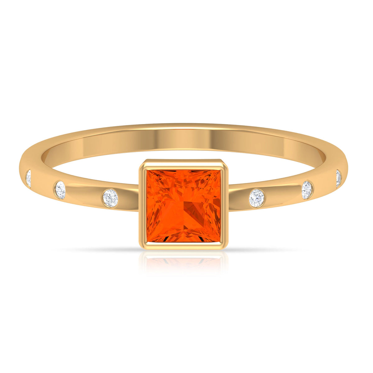 Rosec Jewels princess cut fire opal solitaire promise ring with diamond accents, showcasing a vibrant gemstone and elegant design.