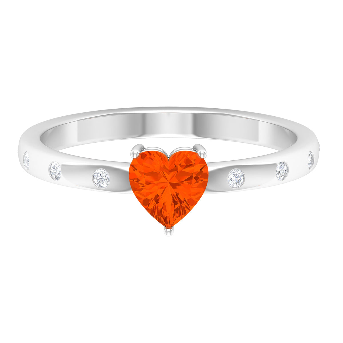 Rosec Jewels 1/2 carat fire opal heart engagement ring with diamond accents, showcasing a sparkling gemstone and elegant design.