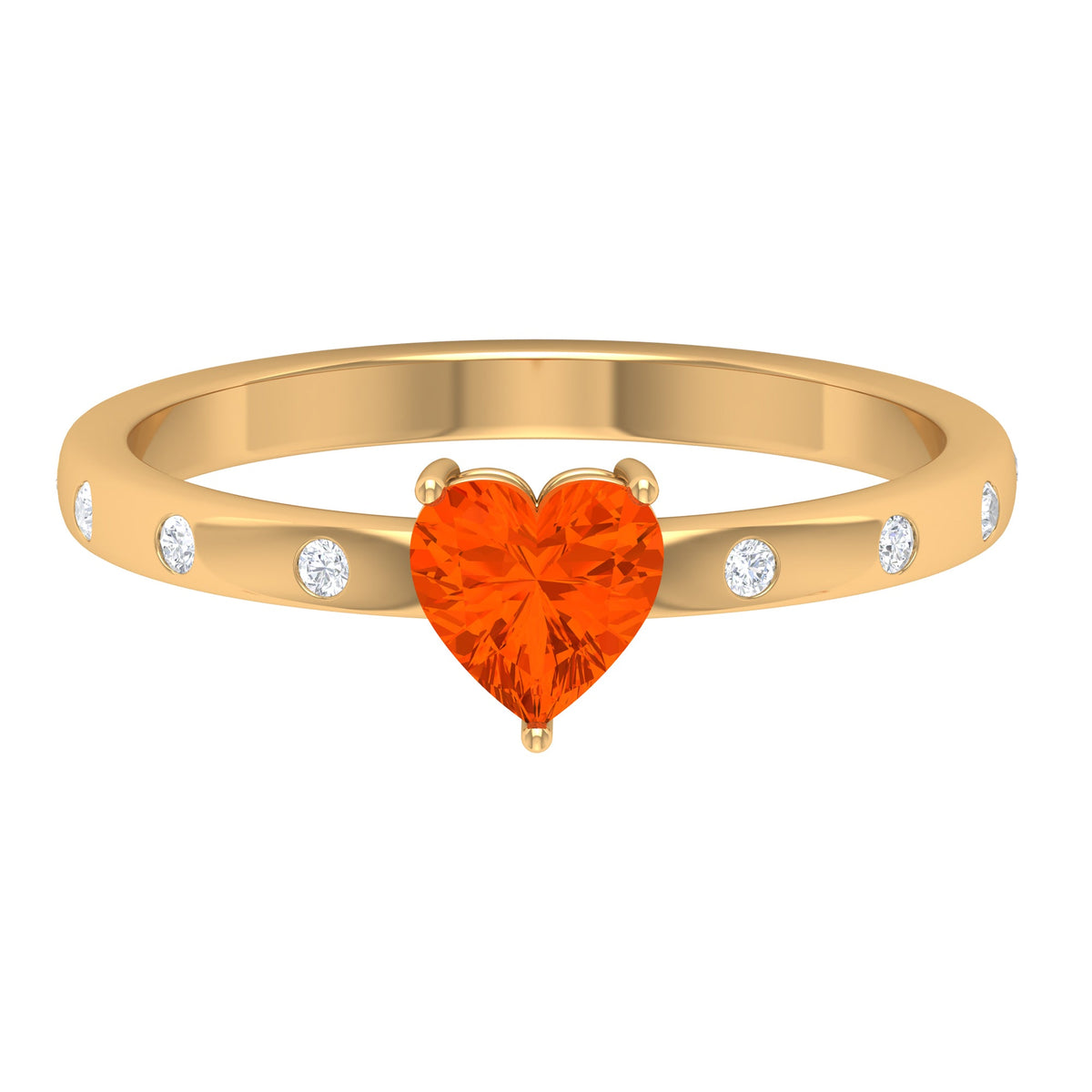 Rosec Jewels 1/2 Carat fire opal heart engagement ring with diamond, showcasing the detailed design and sparkling gemstones.
