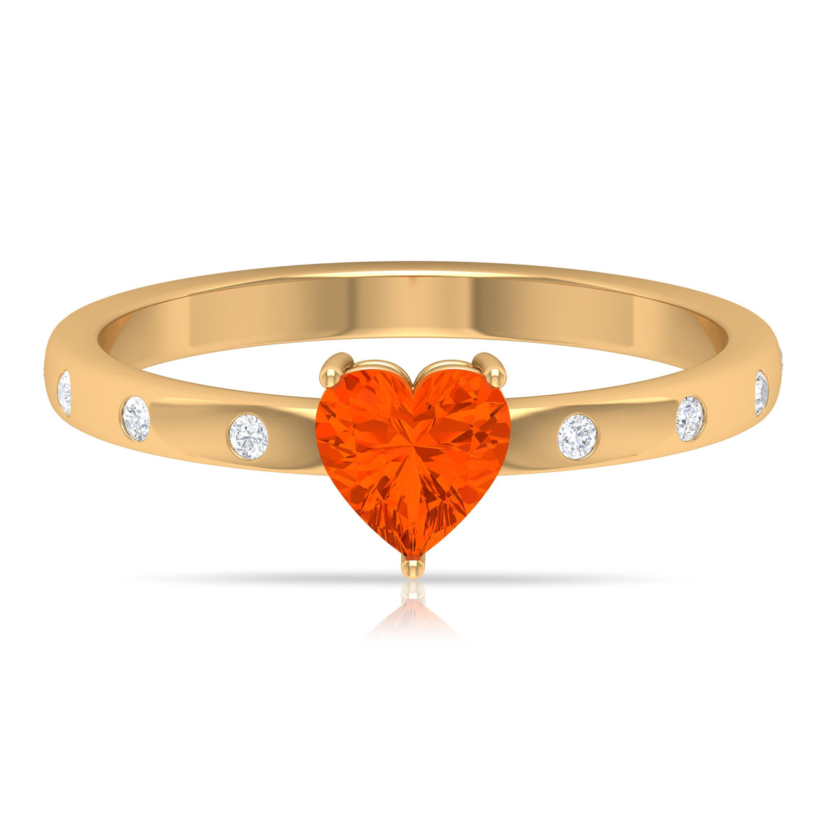 Rosec Jewels 1/2 carat fire opal heart engagement ring with diamond, showcasing a vibrant orange heart-shaped opal and sparkling diamonds.